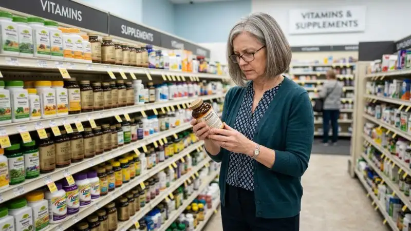 Femme de 55 ans debout devant un rayon de compléments alimentaires, tenant un flacon et lisant attentivement l’étiquette, expression concentrée.