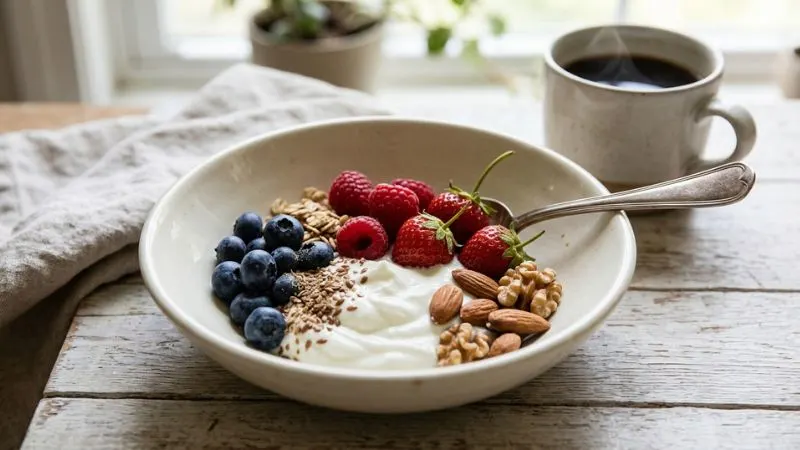 assiette composée de fruits entiers associés à un yaourt nature, quelques noix pour un petit-déjeuner équilibré.