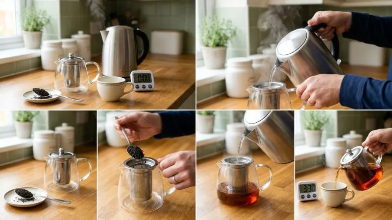 Séquence de préparation : une bouilloire avec de l’eau chaude, une cuillère de feuilles de thé noir,
une théière, une tasse, un minuteur. mains en train de verser l’eau sur
les feuilles.