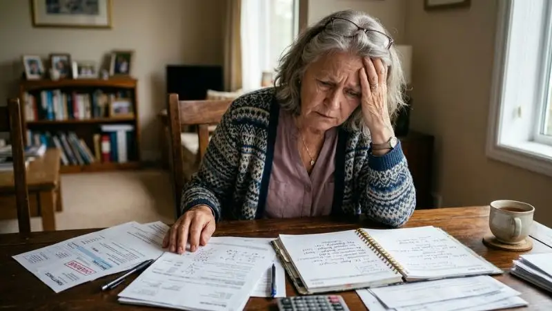 Femme de 65 ans assise à une table avec des papiers et un agenda ouvert, l’air perdue et découragée,
expression de confusion et de fatigue.