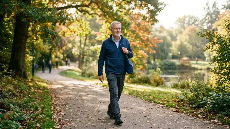 Homme de 60 ans en marche douce dans un parc, sourire léger, posture détendue, lumière du matin,
ambiance de reprise d’activité.