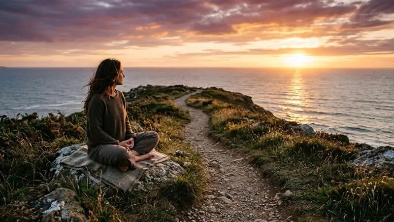 Coucher de soleil, chemin qui continue vers l'horizon, ou personne 50 ans
assise sereinement en contemplation.