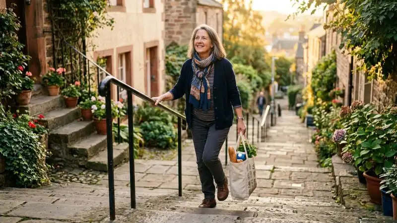 Femme de 58 ans montant un escalier extérieur avec aisance, sac de courses à la main, sourire léger.