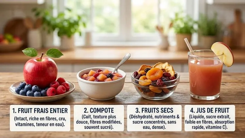 comparaison visuelle entre un fruit frais entier, une petite coupe de compote, quelques fruits secs et un verre de jus
