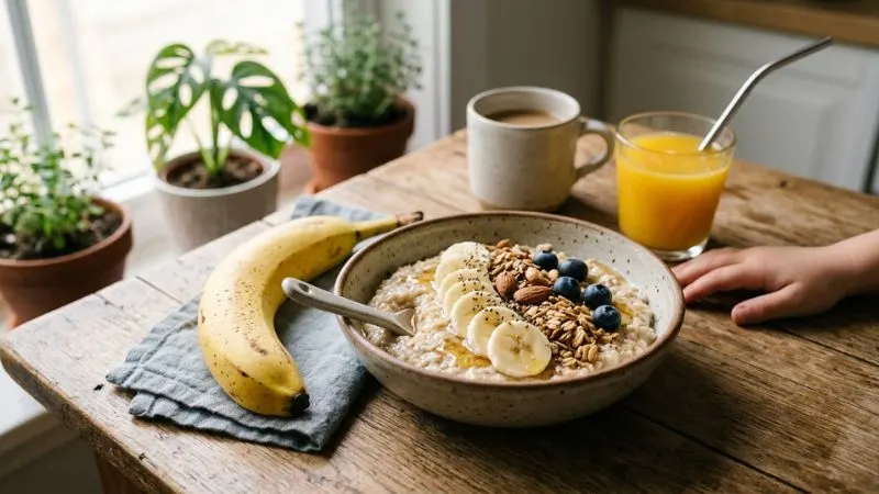 une banane associée à un petit-déjeuner simple, dans un bol avec du yaourt et des flocons d’avoine. fruit rassasiant et accessible.