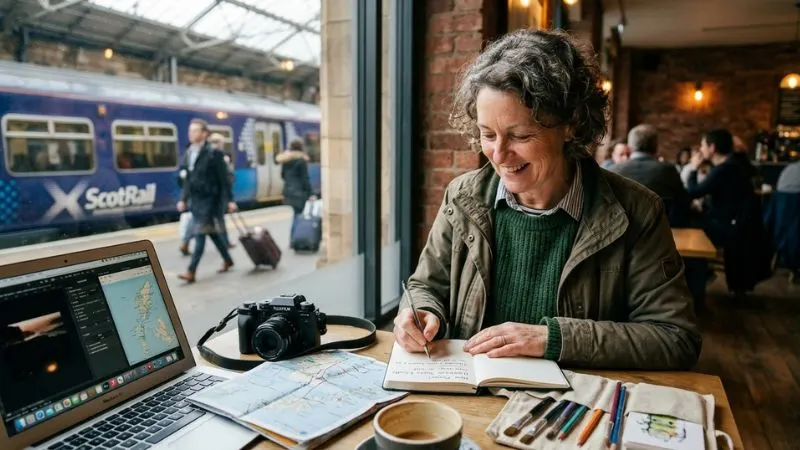 Une personne de 50 ans préparant un nouveau projet : carnet ouvert sur une table, ordinateur portable, appareil photo, carte de voyage, pinceaux