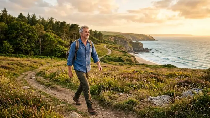 Un homme de 55 ans marchant dans un beau paysage (champ, forêt, bord de mer), avec une expression de bien-être et de liberté.