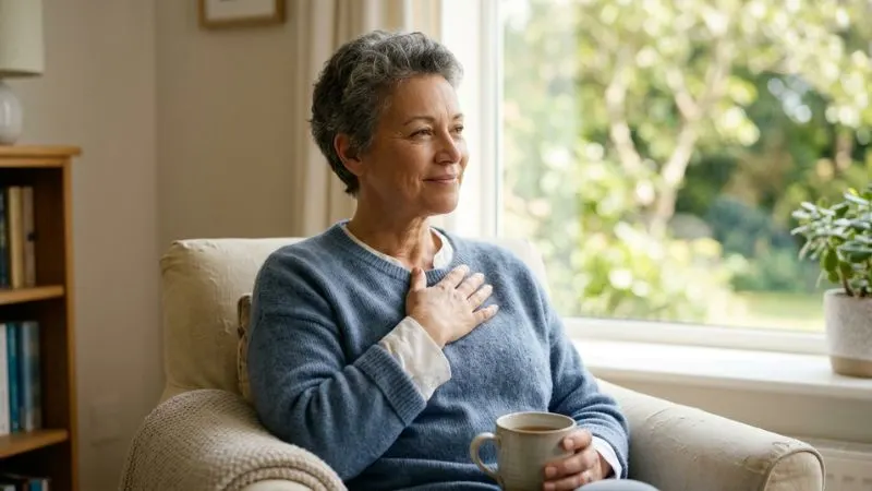 Une femme autour de 50 ans dans un environnement calme et lumineux, avec une expression sereine et assurée. Elle est assise
près d’une fenêtre.