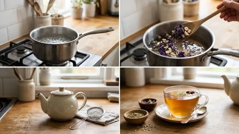 Séquence de 4 photos montrant les étapes : eau dans une casserole, cuillère de de mauve et de guimauve ajoutées, tisane qui infuse dans une théière, tasse finale avec une pincée de fenouil et d'anis.
