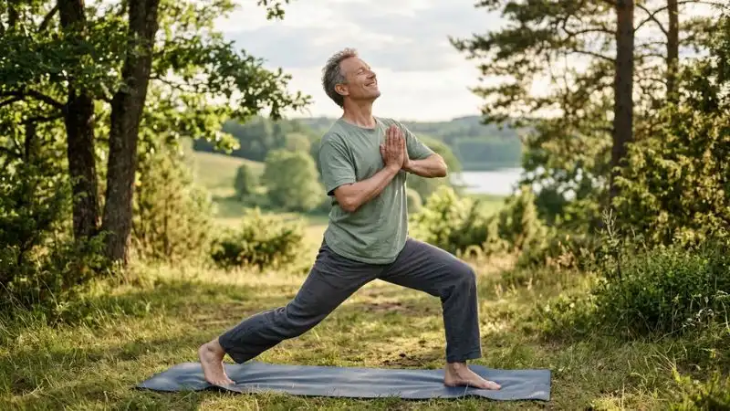 Un homme de 55 ans pratiquant du, yoga, en extérieur, en pleine nature ou lumière naturelle, qui traduit plaisir et légèreté plutôt.