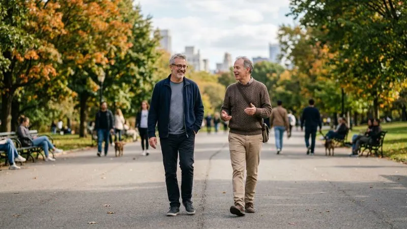 Un homme de 55 ans marchant sur un chemin, dans un parc urbain, accompagnée d’un ami, avec un sourire léger en conversation détendue.