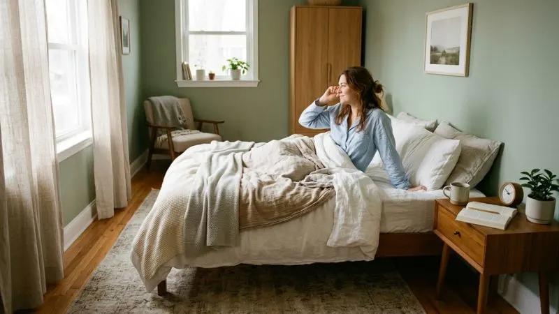 Une chambre calme, avec une personne se réveillant naturellement à la lumière du jour.
avec une table de chevet simple (tisane, livre, réveil)