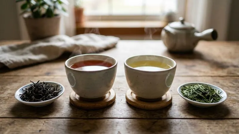Deux tasses côte à côte : l’une avec du thé noir, l’autre avec du thé vert. À côté, des feuilles de thé noir et des feuilles de thé vert. juste une comparaison claire.