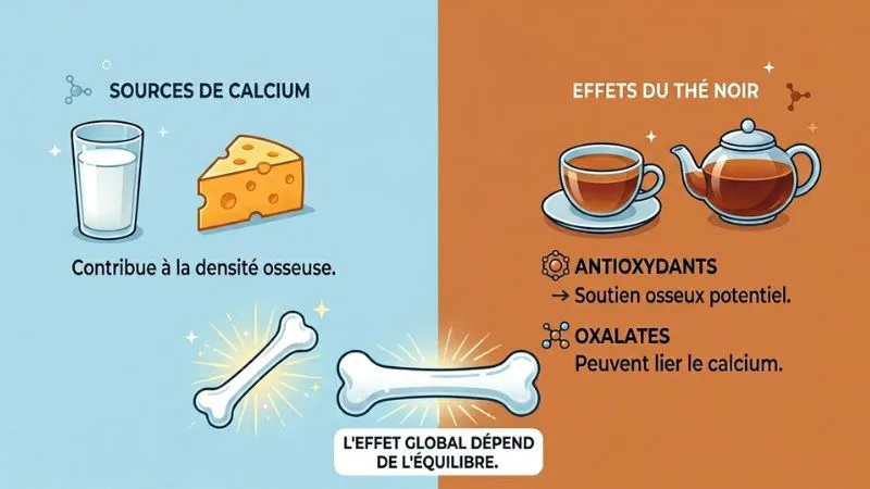 Illustration pédagogique : d’un côté, des aliments riches en calcium , de l’autre, une tasse de thé noir, entre les deux une icône d’os pour symboliser la fixation du calcium.