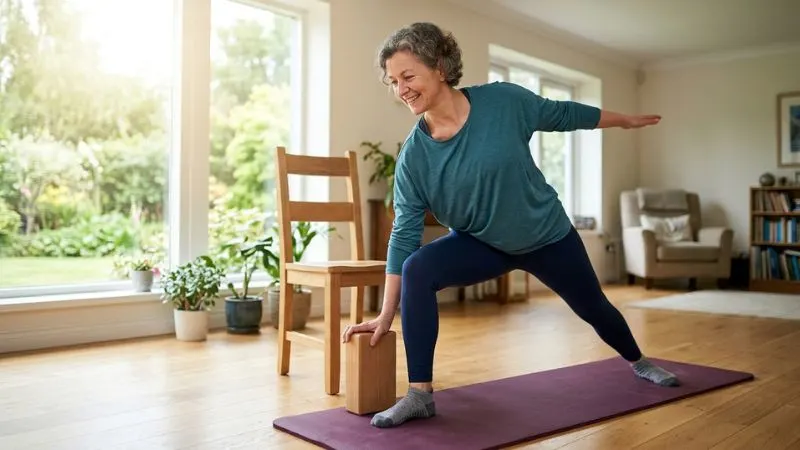 Une personne de 555 ans pratiquant une activité physique adaptée, comme le yoga doux. L’image doit transmettre la force, la mobilité et le plaisir de bouger