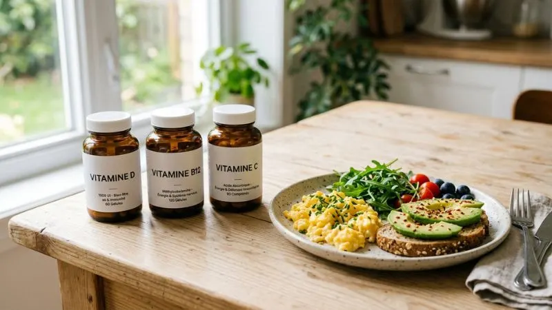 Gros plan sur trois flacons de compléments alimentaires étiquetés « Vitamine D », « Vitamine B12 »,
« Vitamine C », posés sur une table en bois clair à côté d’une assiette équilibrée, lumière naturelle.