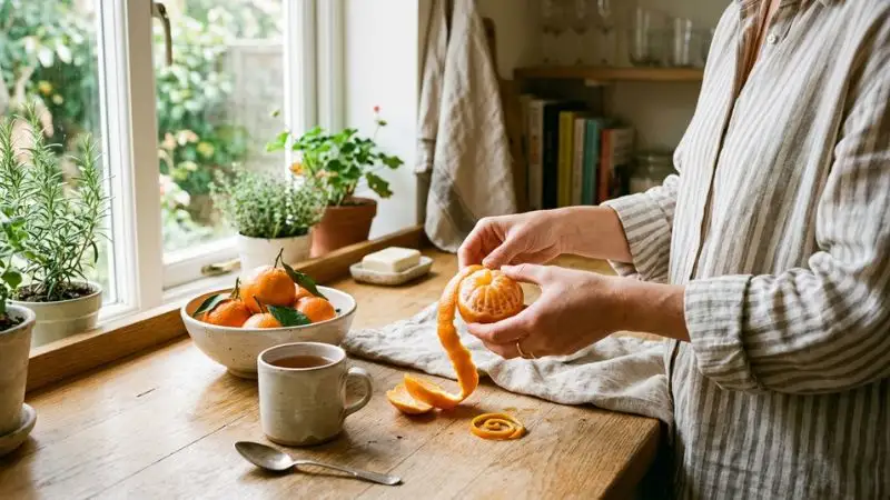 clémentine en cours d’épluchage dans une cuisine lumineuse, avec l’idée d’une pause simple et
parfumée. évoquant la fraîcheur,