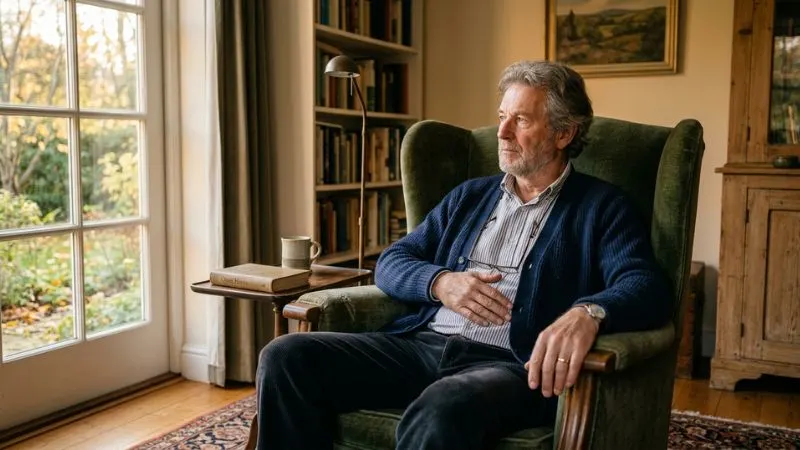 Homme de 60 ans assis dans un fauteuil, main sur le ventre, expression pensive, lumière douce de fin
d’après-midi, intérieur simple et calme.