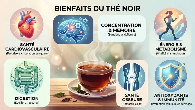 Montage montrant plusieurs icônes : un cœur, un cerveau , une silhouette en marche , un intestin stylisé, des os, un bouclier. En arrière-plan, une tasse de thé noir.