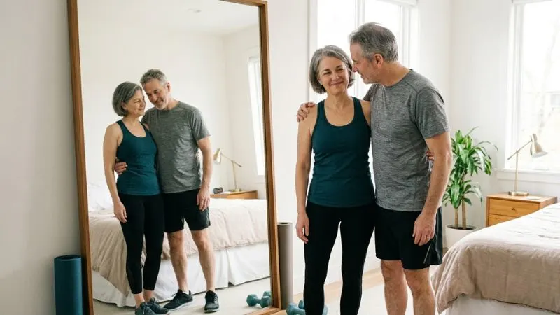 Couple de 55 ans côte à côte face à un miroir dans une chambre lumineuse, en tenue de sport,