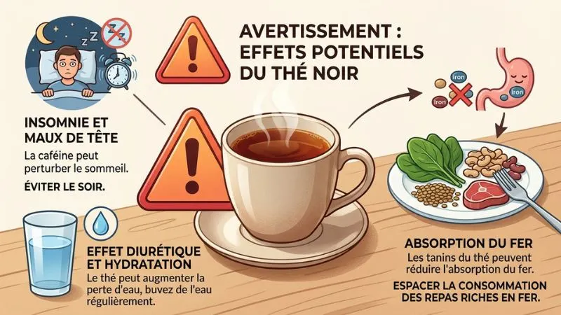 une tasse de thé noir avec un petit pictogramme d’attention,
ou une personne tenant sa tête, un réveil la nuit, un verre d’eau à côté , une assiette avec des
aliments riches en fer.