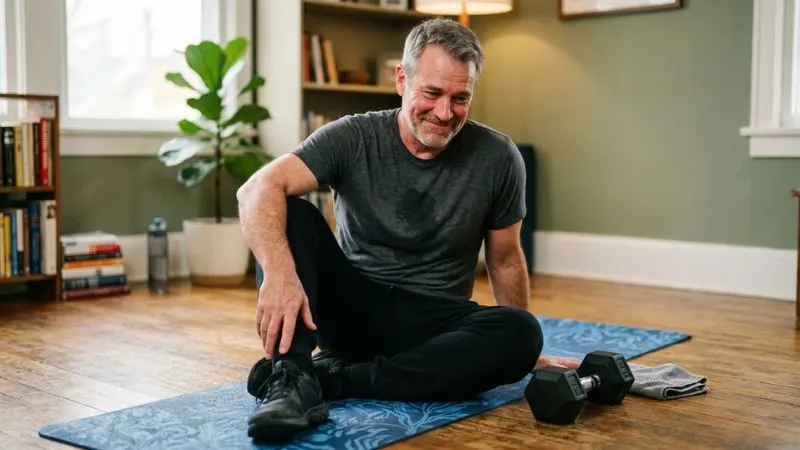 Homme de 55 ans assis sur un tapis de sport, main sur le genou, haltère posée au sol à côté de lui.