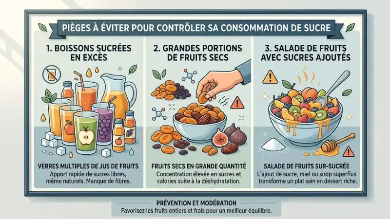 composition visuelle montrant les pièges à éviter, comme plusieurs verres de jus, des fruits secs
en grande quantité ou une salade de fruits trop sucrée