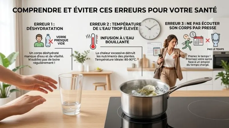 Mise en scène symbolique des erreurs : verre d'eau vide ou presque vide, tisane bouillante dans une casserole, personne pressée qui ignore l'envie d'aller aux toilettes.