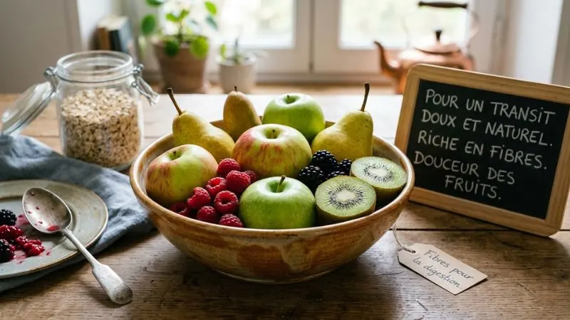 fruits riches en fibres mis en avant, comme des pommes, poires, framboises,
mûres et kiwis disposés dans un bol sur une table de cuisine