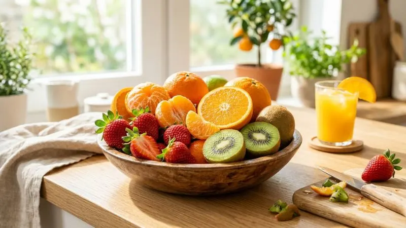 fruits frais riches en vitamine C, surtout kiwi, orange, clémentine et fraises, dans une ambiance lumineuse et
énergisante