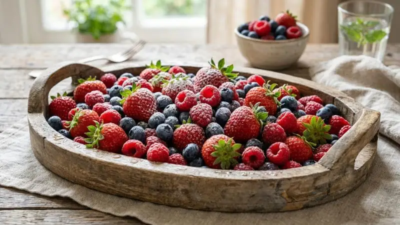 barquette de fraises, myrtilles et framboises, fraîches légèrement givrées, avec un rendu coloré et appétissant