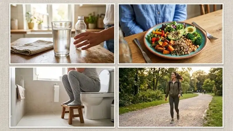 Collage de 4 photos : verre d'eau rempli (1,5L), assiette colorée avec légumes et fibres (25-30g),
petit tabouret sous les pieds aux toilettes (position accroupie), personne qui marche 15 minutes après un repas.