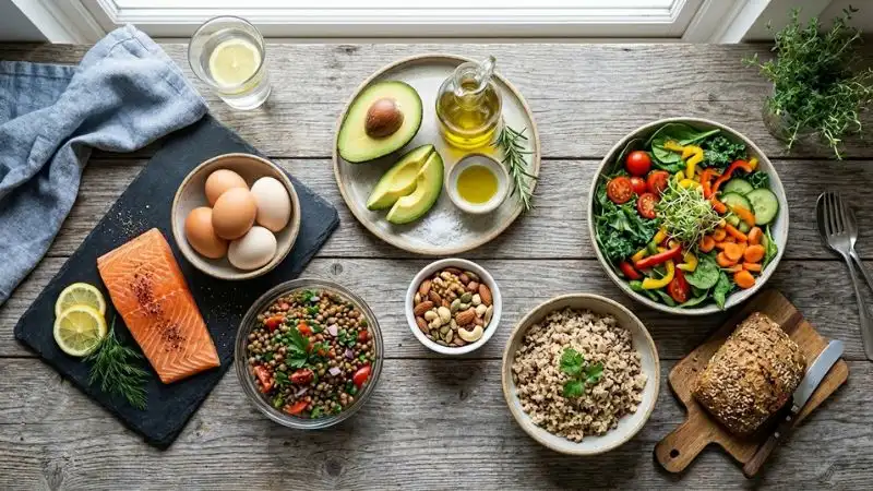Une table vu de haut , avec des aliments frais et colorés représentant les trois
macronutriments : protéines, lipides sains et glucides complexes.