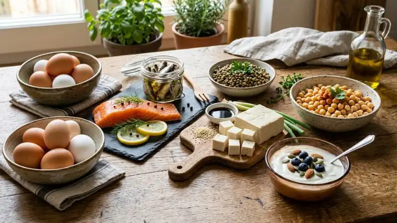 Sélection d'aliments protéinés disposés sur une table : œufs, poisson (saumon, sardines), légumineuses
(lentilles, pois chiches), yaourt nature, tofu