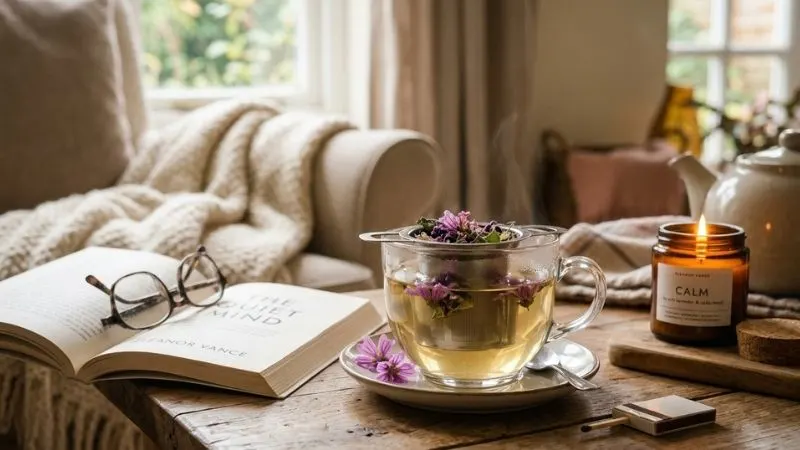 Tasse de tisane claire avec des fleurs de mauve et de guimauve flottant dans la tasse. un livre, une couverture,
une bougie pour l'aspect rituel bien-être.
