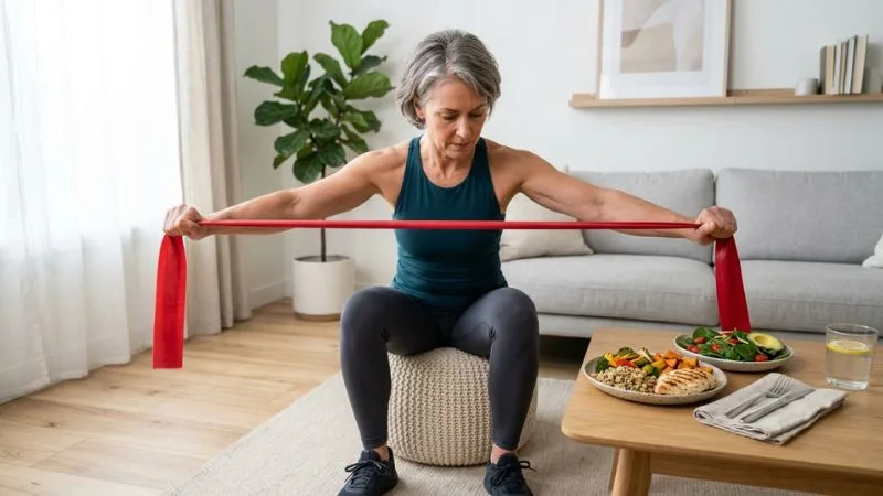 Femme de 55 ans réalisant un exercice avec un élastique de résistance tendu entre ses mains,
dans un salon épuré, à côté d'une assiette équilibrée