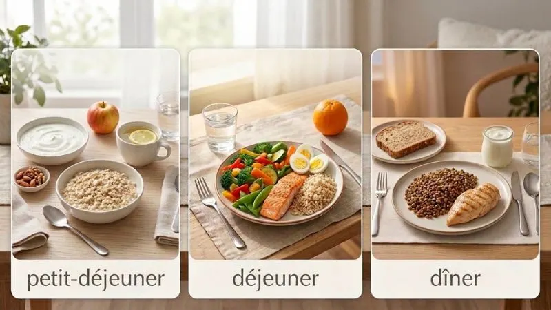 Séquence illustrant trois repas dans la journée (petit-déjeuner, déjeuner, dîner) sur une table, ou une planification de repas simple
et visuelle.
