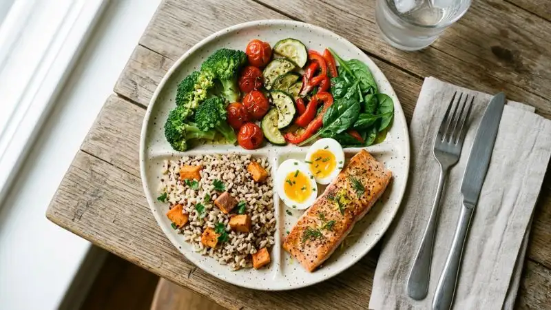 Une assiette équilibrée vue de dessus, divisée en légumes colorés, une portion de protéines et des féculents complets