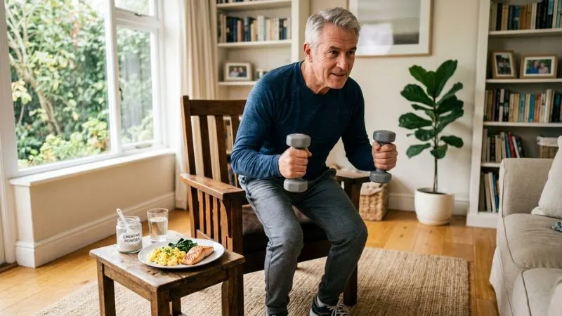 Homme de 60 ans en train de faire un exercice de force doux, dans un salon lumineux. Sur une table à proximité, une assiette avec des protéines