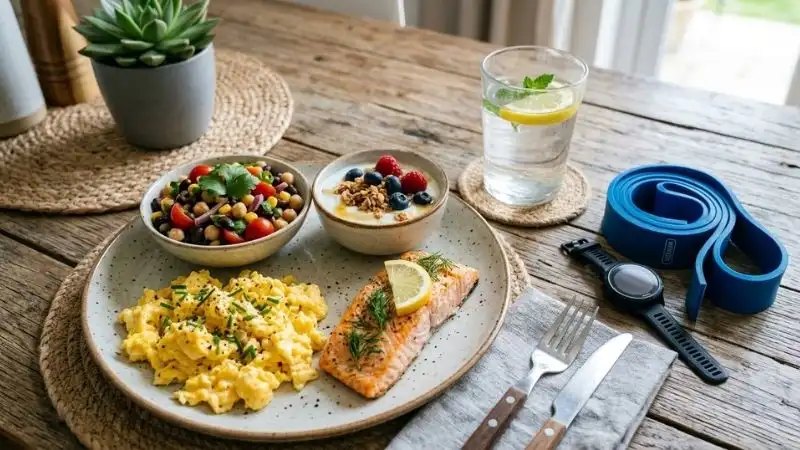 Assiette équilibrée avec sources de protéines, verre d'eau,
et éventuellement un élastique posé à côté pour faire le lien avec l'exercice.