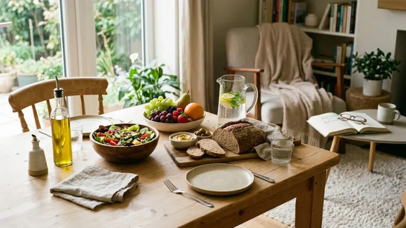 Une table simple, avec des aliments sains : huile d’olive, légumes, fruits, pain complet, eau. En arrière-plan, une chambre calme, livre ouvert pour évoquer aussi le sommeil et la récupération.