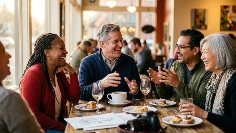 Une personne 55 ans en conversation animée avec des amis autour d'une table.
évoquant épanouissement personnel avec une ambiance chaleureuse.