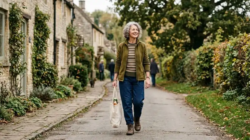 Une femme de 55 ans marchant dans un cadre quotidien : rue de village chemin près de chez elle, sans montre connectée visible, l’air détendue.