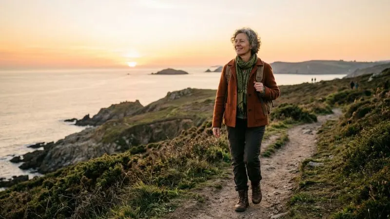 Une femme de 55 ans, seule,marchant d'un pas assuré vers l'avant. Symbolique de nouveau
chapitre, de liberté retrouvée. Expression confiante et sereine.