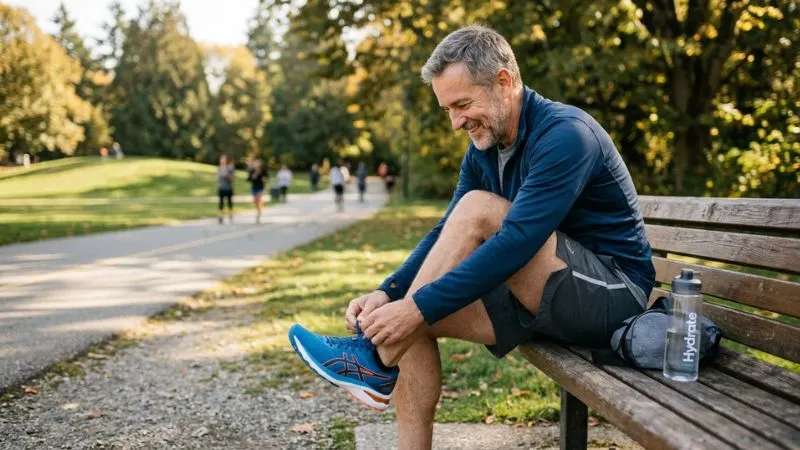 Homme de 55 ans souriant, en tenue de sport, attachant ses paniers sur un banc dans un parc.