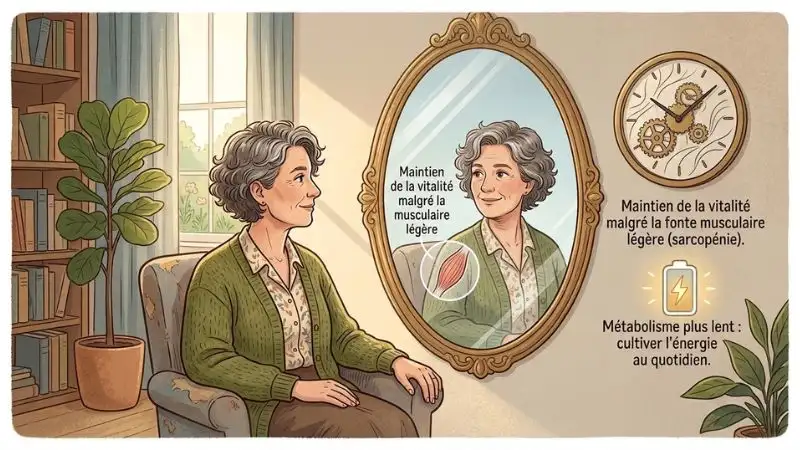 Illustration symbolisant le vieillissement : une personne d'âge mûr regardant
pensivement son reflet.