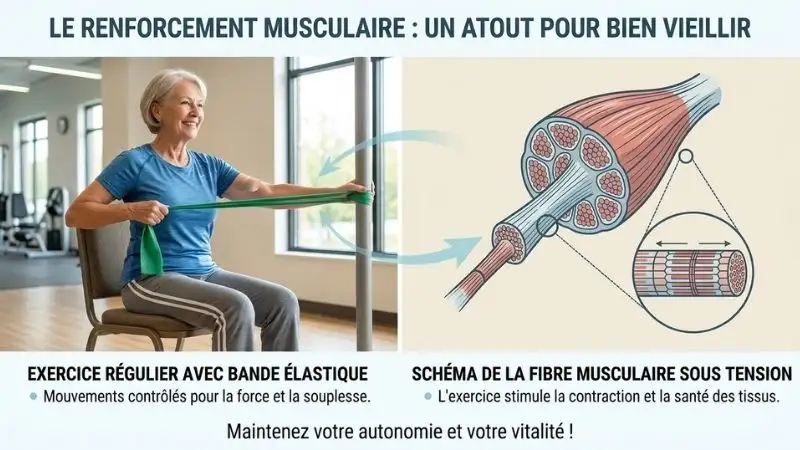 Comparaison visuelle entre une personne de plus de 50 ans effectuant un exercice avec élastique et une illustration schématique de fibre musculaire