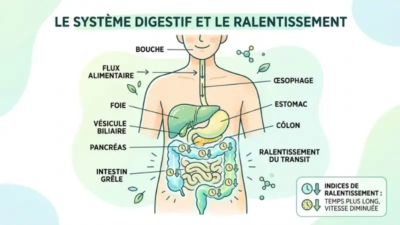 Illustration pédagogique du système digestif (côlon mis en évidence) avec des flèches ou des icônes
symbolisant le ralentissement.