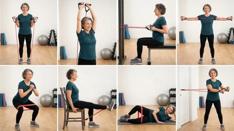 Série de 8 photos ou montrant chacune un exercice spécifique avec élastique Personne de 60 ans, posture correcte, élastique bien visible