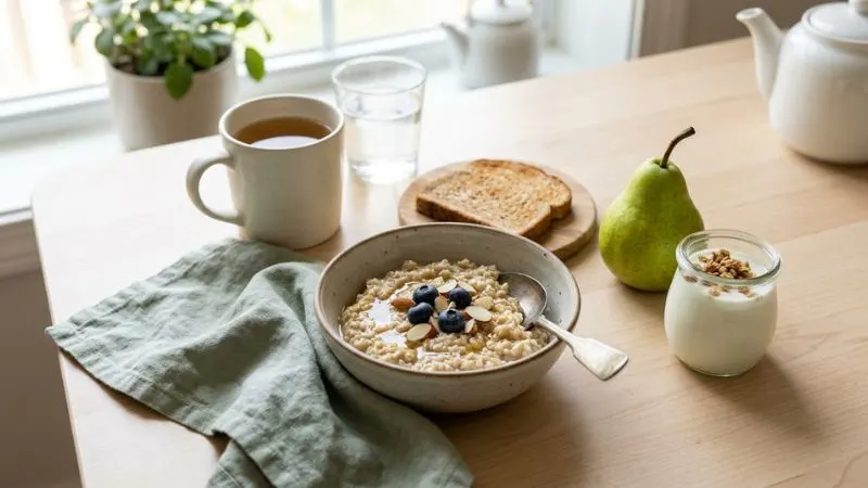 petit-déjeuner équilibré avec un fruit entier, pomme, kiwi ou une poire, posé à côté d’un yaourt, de pain complet et flocons d’avoine